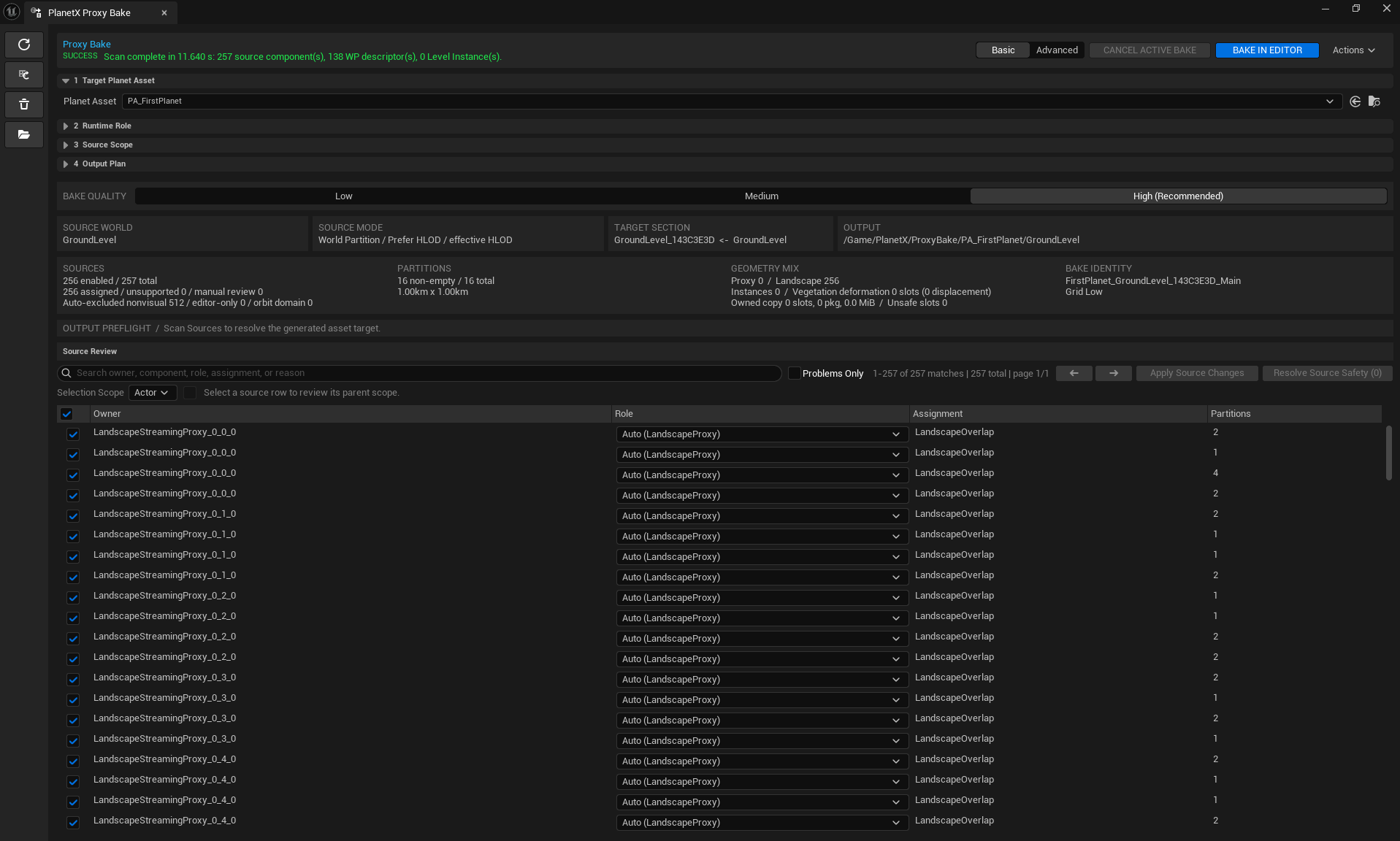 Successful GroundLevel source scan with PA_FirstPlanet, no unsupported or manual-review sources, and Bake in Editor enabled
