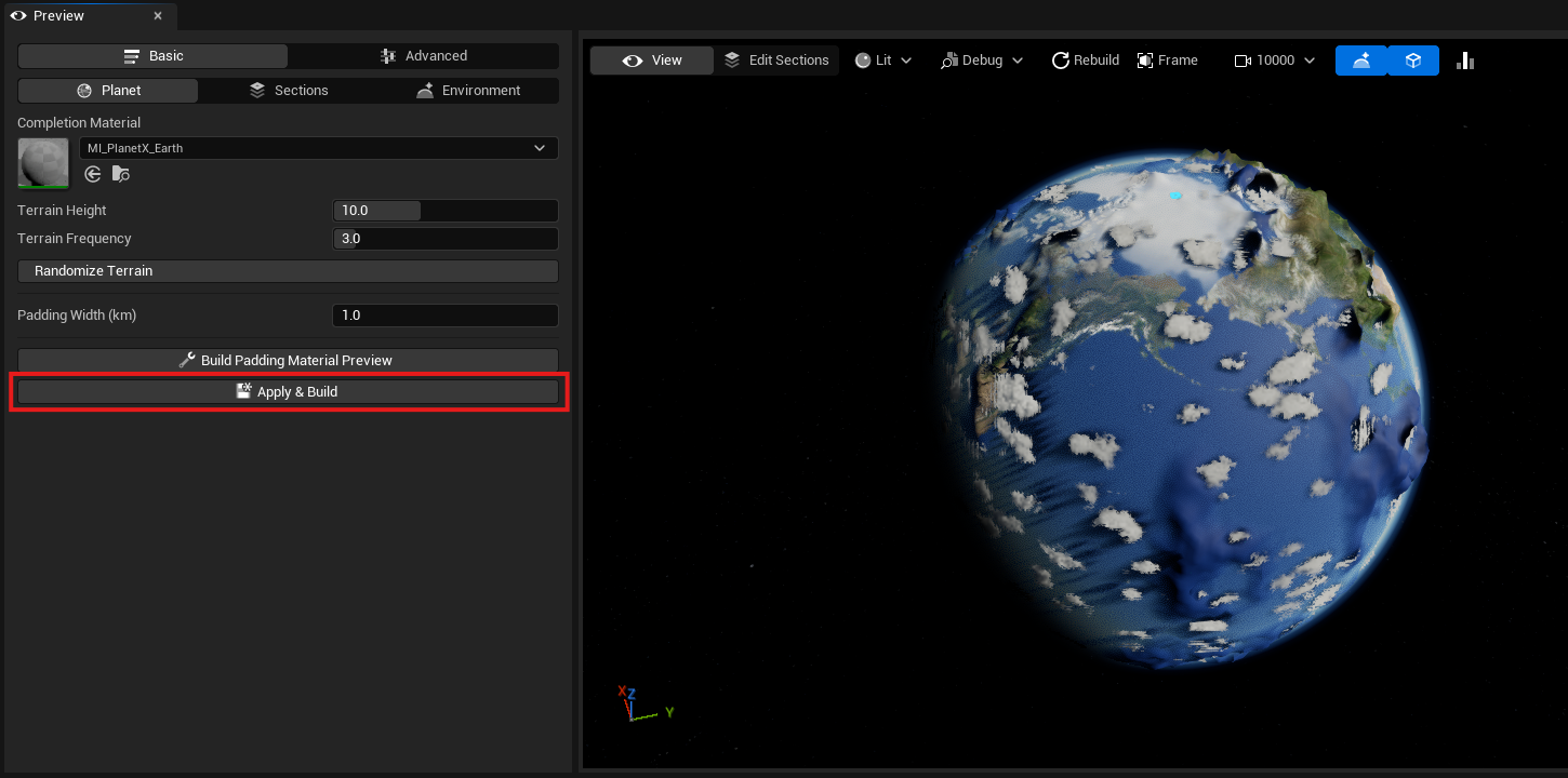 Preview settings with MI_PlanetX_Earth assigned and Apply and Build available