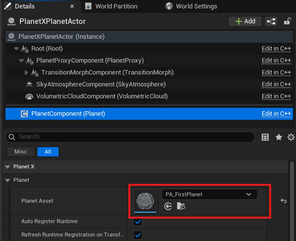PlanetX Planet Actor Details with PA_FirstPlanet assigned and Auto Register Runtime enabled