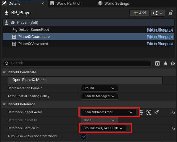 BP_Player with PlanetX Coordinate and Viewpoint components referencing PlanetXPlanetActor and the GroundLevel Section
