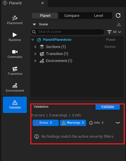 PlanetX Mode Validate palette showing zero errors and zero warnings