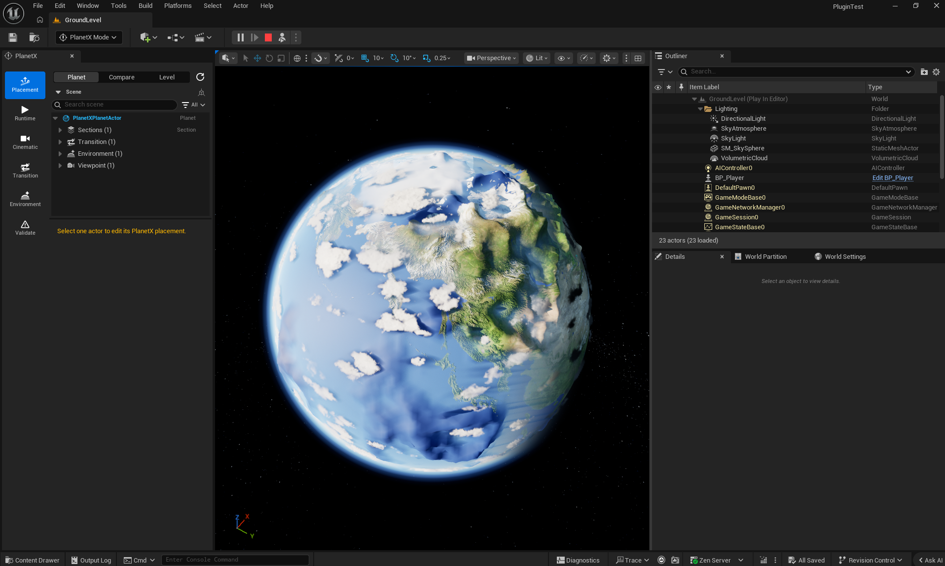 GroundLevel running in PIE with the completed PlanetX planet, Environment Manager, Transition Endpoint, and player actors